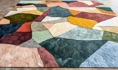 Abstract, geometric rug with colorful textured patches on a floor.