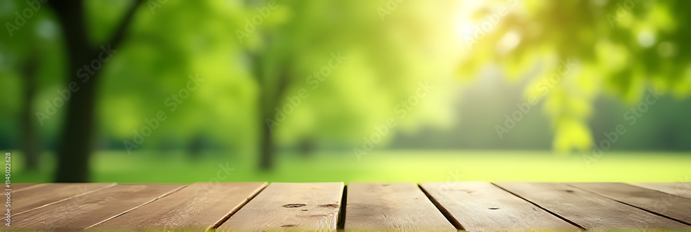 Poster a real wood tabletop texture with blurred leaves of a tree on a garden background is ideal for produ