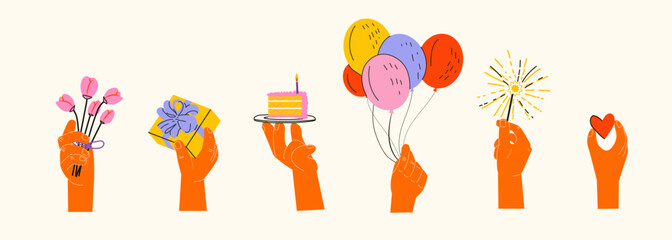 Hands holding birthday elements set Different party objects, colorful holiday items, gift, cake, balloons, vector flat illustration. For greeting card, poster, invitation, flyer, banner, email header	