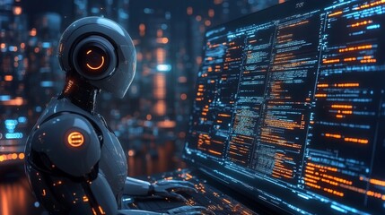 AI automating repetitive software tasks in a futuristic urban environment with glowing interfaces