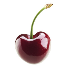 Single cherry with vibrant red skin, attached green stem, isolated on transparent background, ideal for digital designs and illustrations