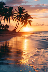 Harmonious Blend of Nature: Serene Beach Sunset with Swaying Palm Trees