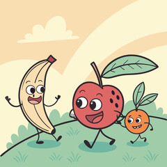 Playful fruit characters in pastel.