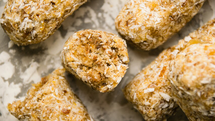 Delicious homemade energy bars without sugar on light background. Diet and healthy eating concept