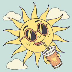 Sun wearing sunglasses and drinking lemonade.