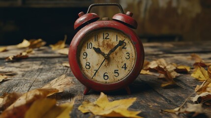Vintage Red Alarm Clock on Wooden Surface with Autumn Leaves