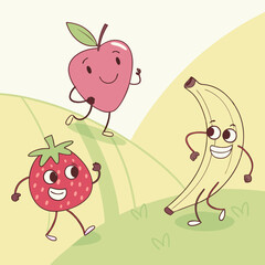 Playful fruit characters in pastel.