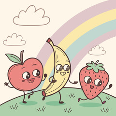 Playful fruit characters in pastel.