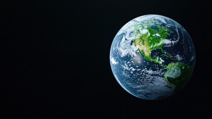 Fototapeta premium Planet Earth globe showing North and South America continents with swirling white clouds in deep black space.