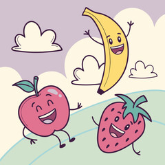 Playful fruit characters in pastel.