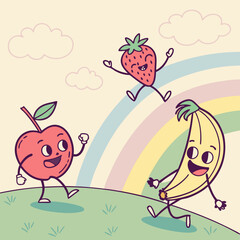 Playful fruit characters in pastel.