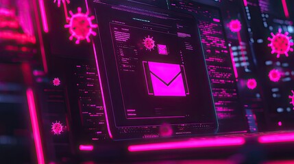 Obraz premium Illustration of a system breach warning, with a folder icon and virus symbols on a glowing laptop screen.