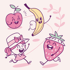 Playful fruit characters in pastel.