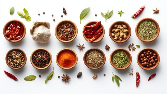 Red chilies, dried herbs, and various spices like cumin and peppercorns displayed in small bowls, forming a culinary theme on a white background. -