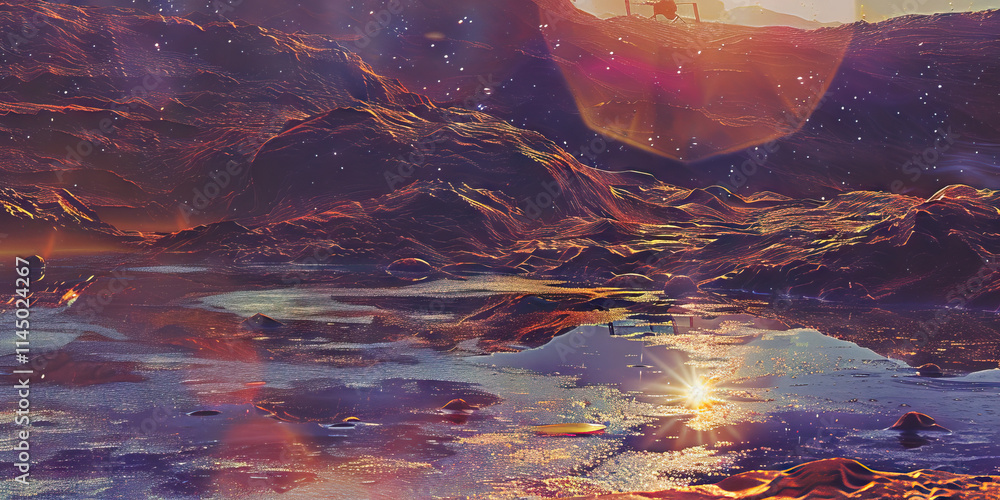 Poster digital rendering of an extraterrestrial landscape with water and light reflection
