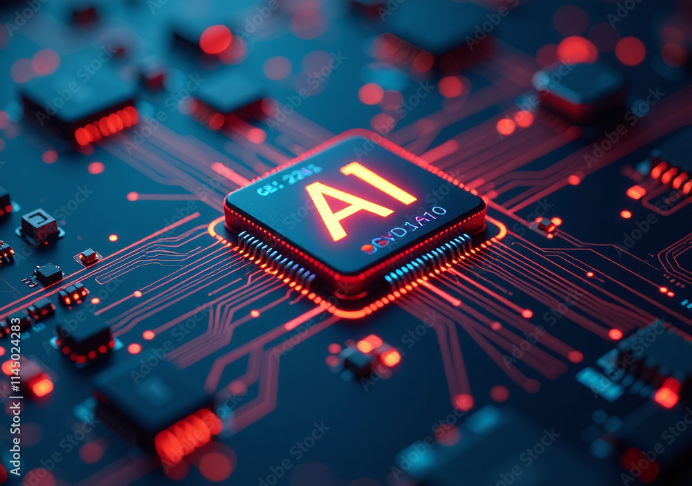 Poster glowing digital interface dominates circuit board abstracted concepts ai big data cloud