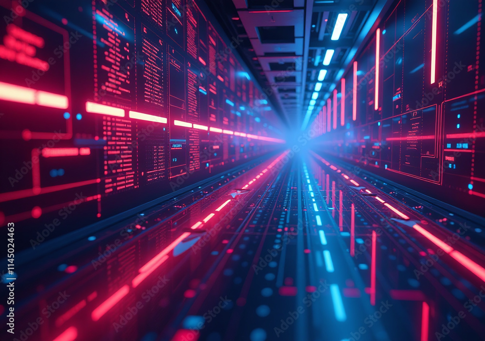Poster glowing neon lights create futuristic abstract space representing digital transformation technology 