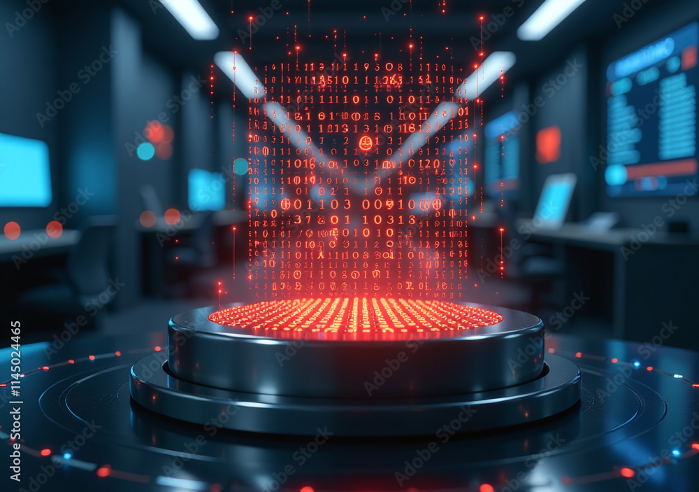 Poster glowing metal pedestal displays binary data futuristic lab environment ai ml big data business resea