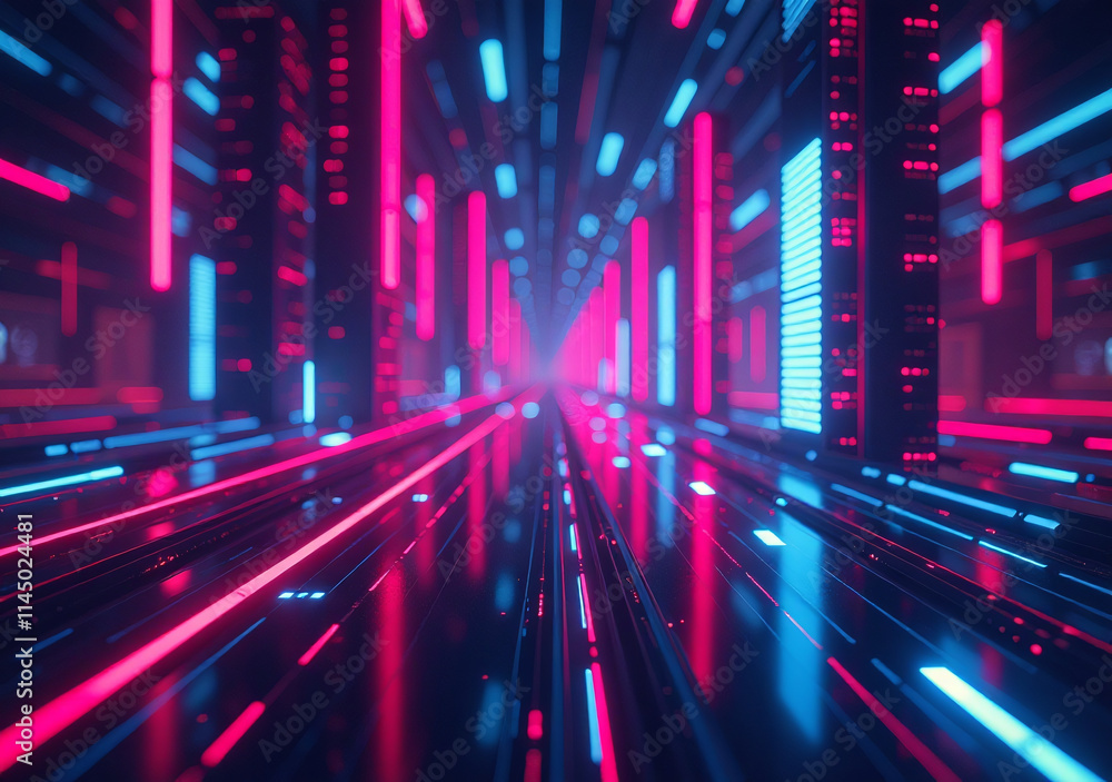 Poster glowing neon lights create futuristic abstract space representing digital transformation technology 