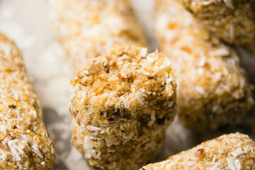 Delicious homemade energy bars without sugar on light background. Diet and healthy eating concept
