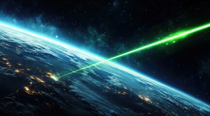 Obraz premium Green Laser Beam Shooting from Earth into Space with Stars in Background