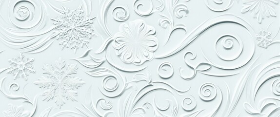 Intricate white floral pattern, embossed texture, delicate swirls and curves, detailed relief design, ornate wallpaper style, baroque-inspired motif, seamless repeating pattern, subtle shadows, elegan
