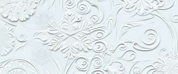 Fototapeta premium Intricate white floral pattern, embossed texture, delicate swirls and curves, detailed relief design, ornate wallpaper style, baroque-inspired motif, seamless repeating pattern, subtle shadows, elegan