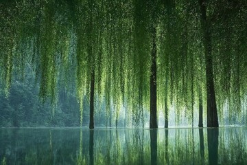 A group of trees that are next to a body of water.