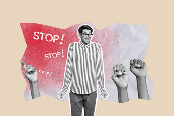 Composite trend artwork sketch image photo collage of stop banner harassment hate hand gesture fist...