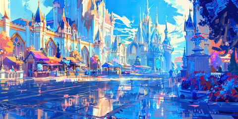 Obraz premium Fantasy Town Square with Castle and Market Stalls