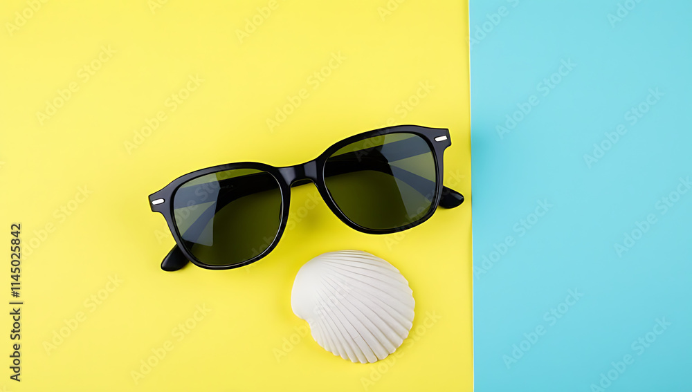 Poster A pair of sunglasses and a seashell sit together on a brightly colored background in a visually appealing composition._00002_
