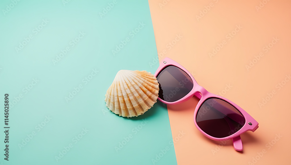 Poster a pair of sunglasses and a seashell sit together on a brightly colored background in a visually appe