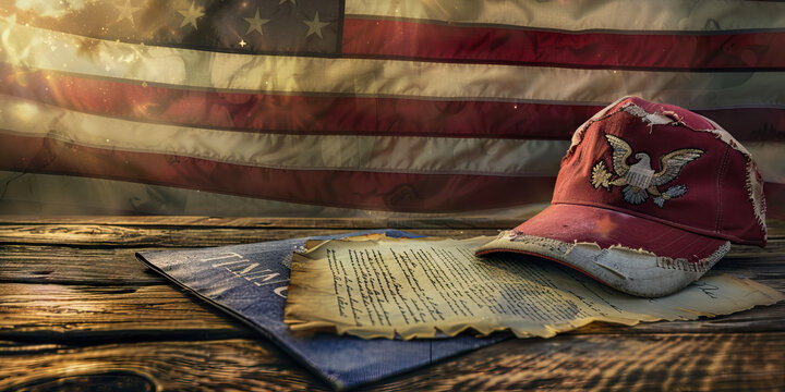 American Flag, Document, and Distressed Baseball Cap on Wooden Surface - Powered by Adobe