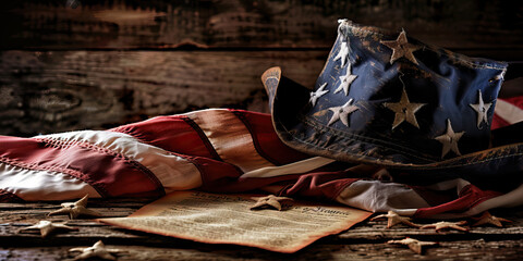 Weathered American Flag, Hat, and Declaration of Independence on Wood