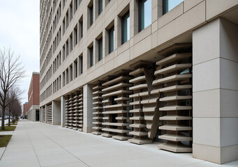 historic ibm building features unique concrete grille wall design