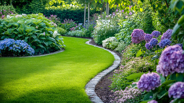 Summer garden featuring blooming hydrangeas and a curvy lawn design.
