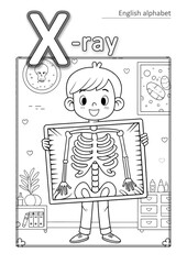 English alphabet, coloring page for children, letter X with an X-ray image