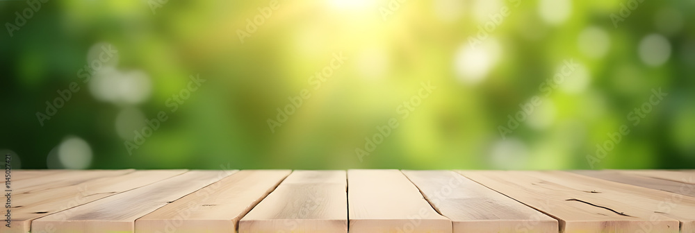 Poster a minimalist wooden tabletop with a blurred garden view provides a clean and versatile backdrop for 