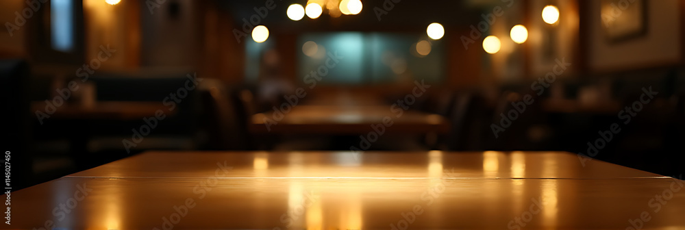 Poster a minimalist wooden tabletop sits empty in a dimly lit restaurant at night with a selectively focuse