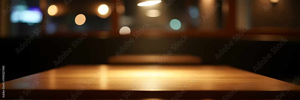 Poster a minimalist wooden tabletop sits empty in a dimly lit restaurant at night with a selectively focuse