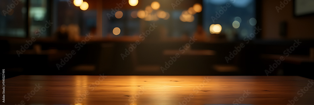 Poster a minimalist wooden tabletop sits empty in a dimly lit restaurant at night with a selectively focuse