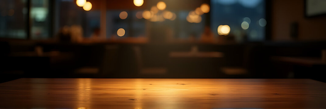 A minimalist wooden tabletop sits empty in a dimly lit restaurant at night with a selectively focused beam of light highlighting its surface._00001_