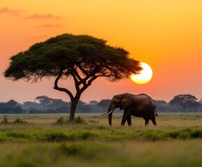 Obraz premium Elephant Walking Gracefully Across Misty Plain at Dawn
