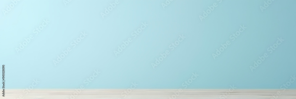 Poster a minimalist wooden table top on a soft blue background, ideal for product displays and key visuals 