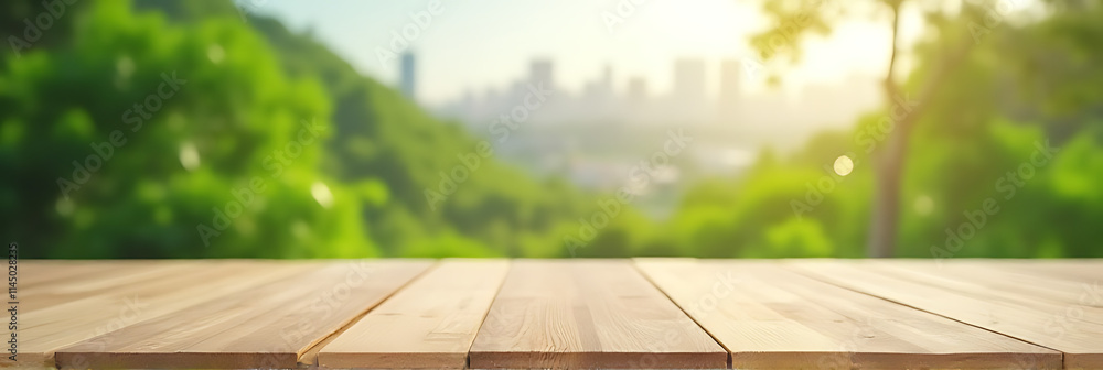 Aufkleber a minimalist wooden table stands empty amidst a blurred background of lush greenery and cityscapes f