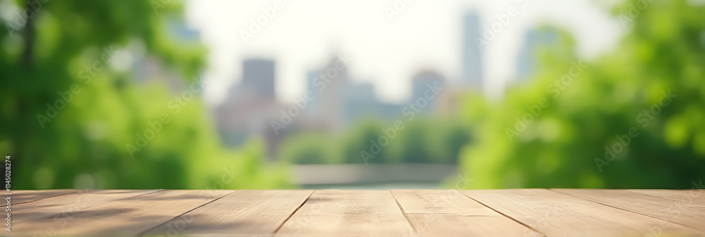 Aufkleber a minimalist wooden table stands empty amidst a blurred background of lush greenery and cityscapes f