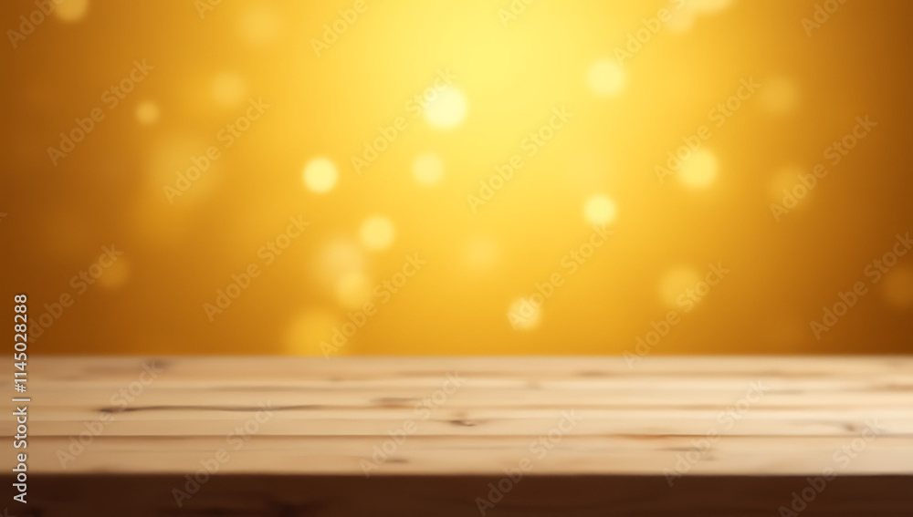 Poster A minimalist wooden table top is depicted against a warm gold bokeh backdrop suitable for product displays and layouts._00001_