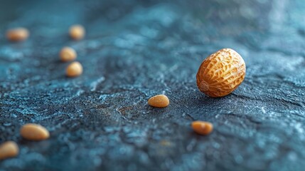 Peanut in Shell, Scattered Peanuts, Close-up, Macro Photography, Food Photography, Healthy Snack, Nuts, Texture, Blue Background, Copy Space, Natural Food, Single Peanut, Focus on Shell, Minimalistic
