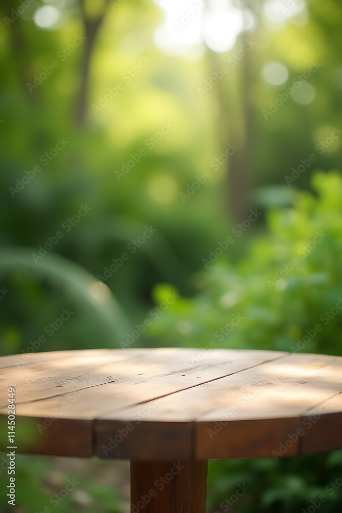 Poster a minimalist wooden table sits empty amidst an abstract blurred green garden background with no visi