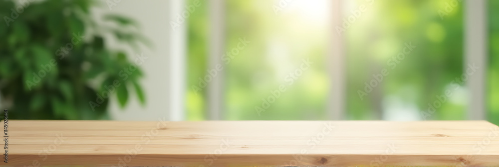 Poster a minimalist wooden table sits atop a blurred background with subtle hints of fresh green for a mode